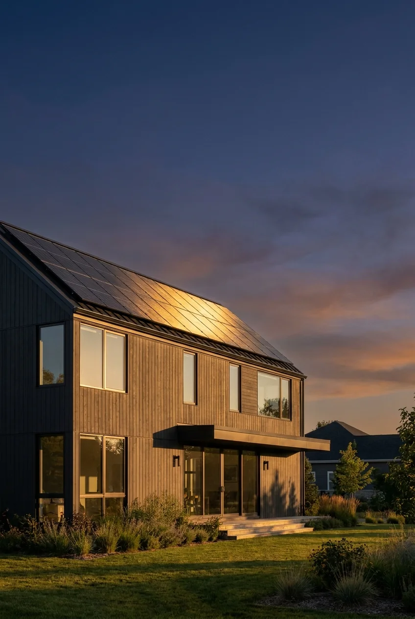 Modern home with rooftop solar panels at golden hour